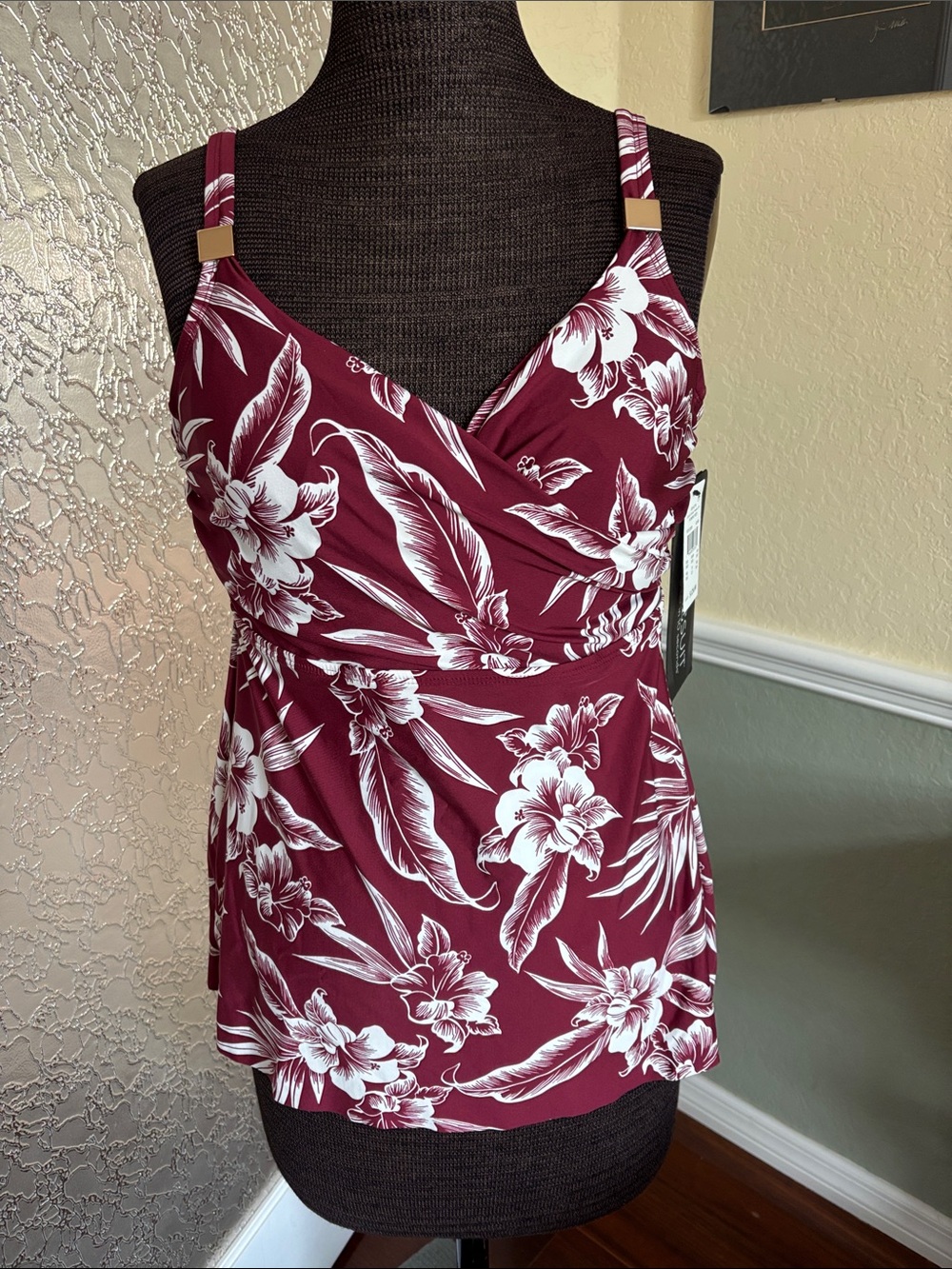 MIRACLESUIT Women’s Floral Wrap Swim Top - Burgundy. NWT 36D